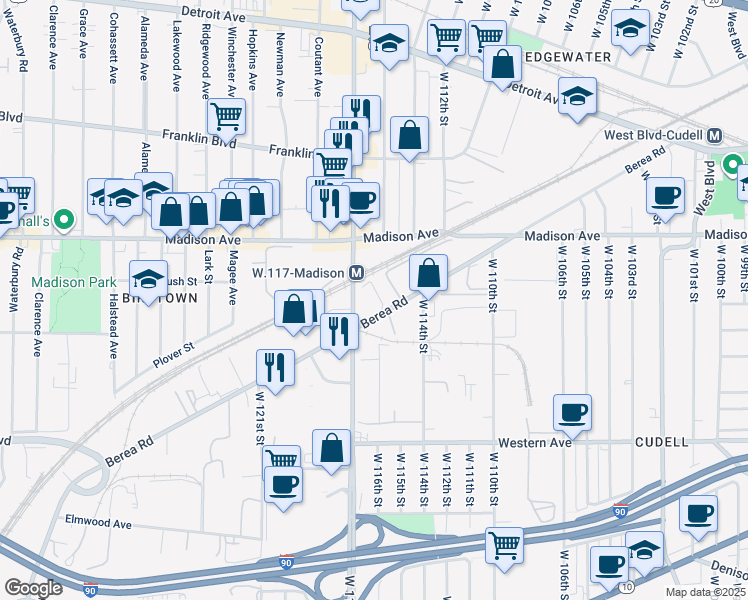 map of restaurants, bars, coffee shops, grocery stores, and more near in Cleveland