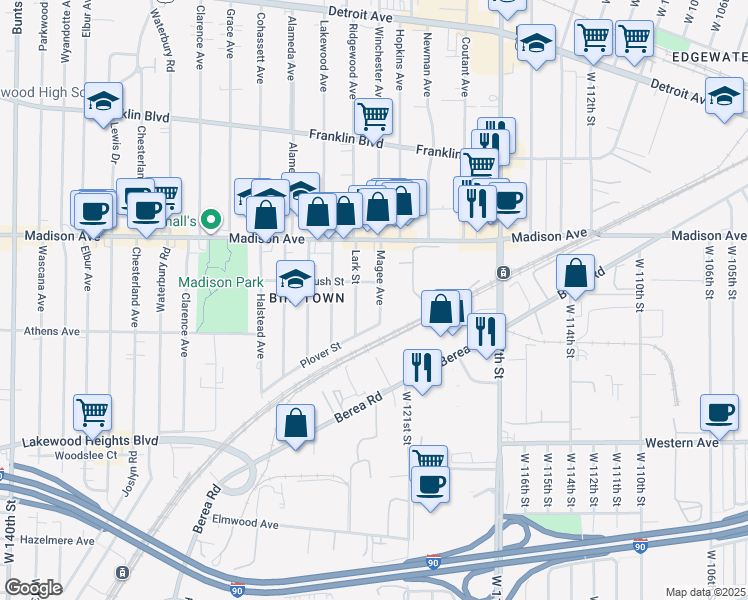map of restaurants, bars, coffee shops, grocery stores, and more near 2070 Magee Avenue in Lakewood