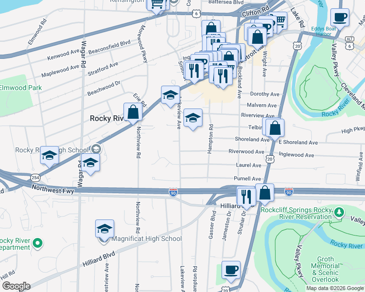 map of restaurants, bars, coffee shops, grocery stores, and more near 20019 Riverwood Avenue in Rocky River