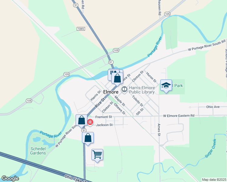 map of restaurants, bars, coffee shops, grocery stores, and more near 344 Rice Street in Elmore