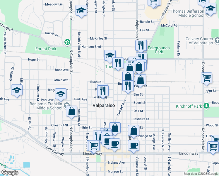 map of restaurants, bars, coffee shops, grocery stores, and more near 1-23 Pine St in Valparaiso