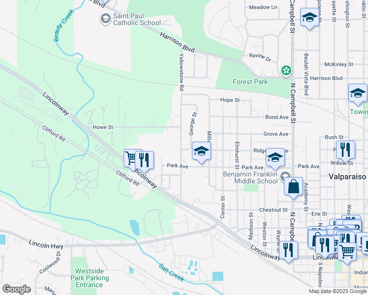 map of restaurants, bars, coffee shops, grocery stores, and more near 702 George Street in Valparaiso