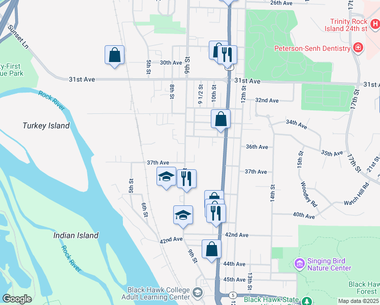 map of restaurants, bars, coffee shops, grocery stores, and more near 3601 9th Street in Rock Island