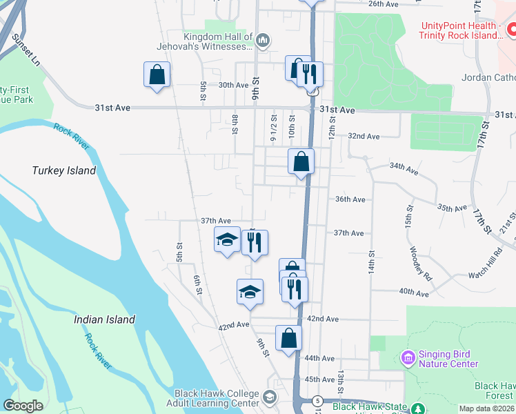 map of restaurants, bars, coffee shops, grocery stores, and more near 3601 9th Street in Rock Island