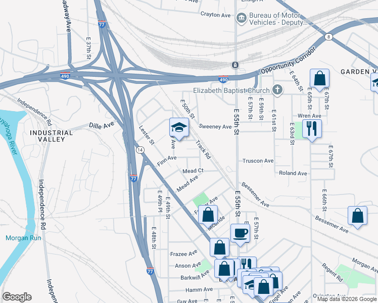 map of restaurants, bars, coffee shops, grocery stores, and more near 5030 House Avenue in Cleveland