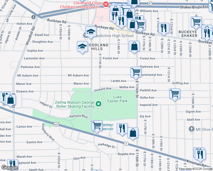 map of restaurants, bars, coffee shops, grocery stores, and more near 11125 Melba Avenue in Cleveland