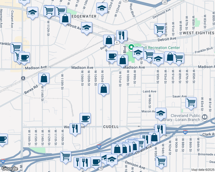 map of restaurants, bars, coffee shops, grocery stores, and more near 2072 West Boulevard in Cleveland