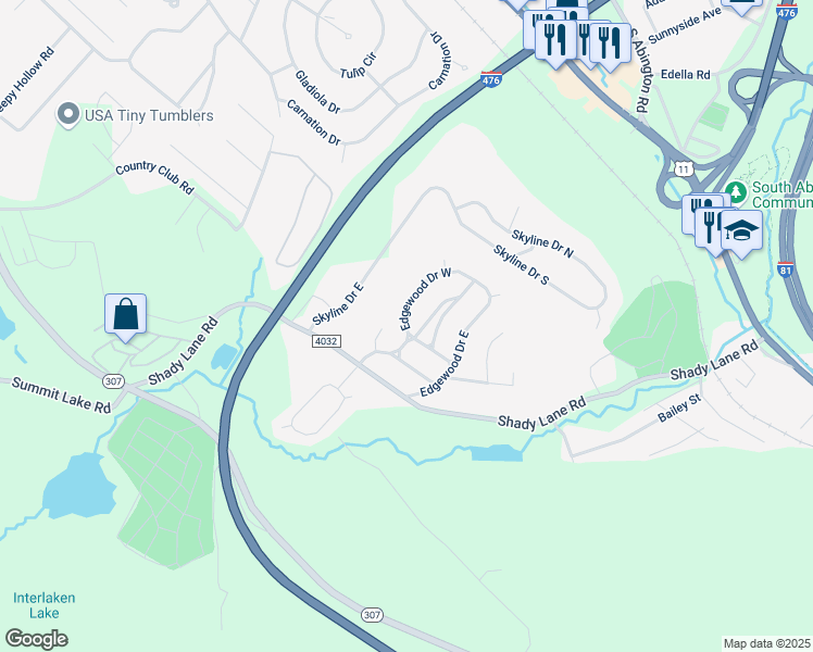 map of restaurants, bars, coffee shops, grocery stores, and more near 116 Edgewood Drive West in Lackawanna County
