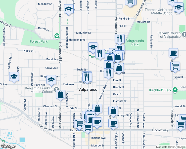 map of restaurants, bars, coffee shops, grocery stores, and more near 1-23 Pine St in Valparaiso