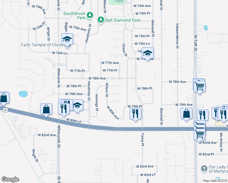 map of restaurants, bars, coffee shops, grocery stores, and more near 3326 W 79th Ave in Merrillville