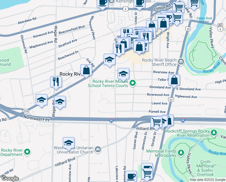 map of restaurants, bars, coffee shops, grocery stores, and more near 1844 Lakeview Avenue in Rocky River