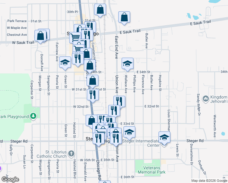 map of restaurants, bars, coffee shops, grocery stores, and more near 3100 Union Avenue in Steger