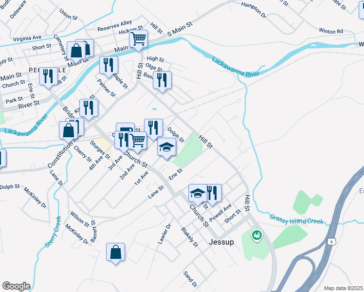 map of restaurants, bars, coffee shops, grocery stores, and more near 334 Dolph Street in Jessup