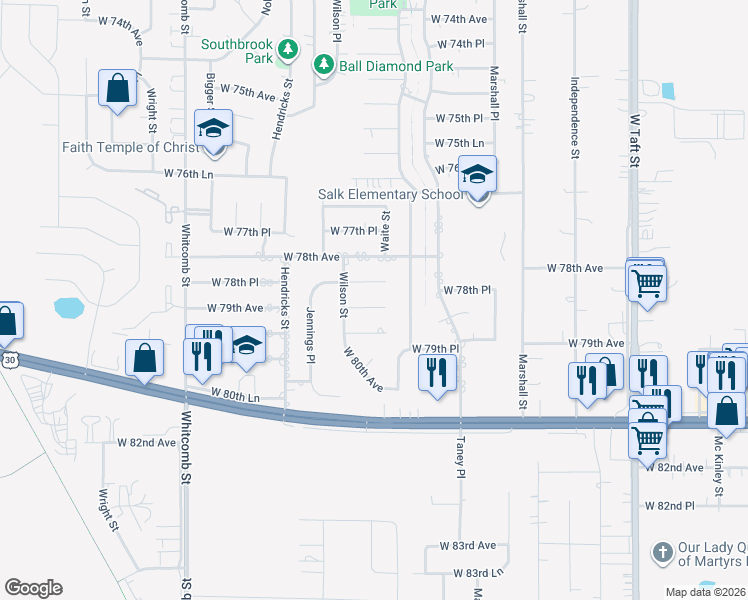 map of restaurants, bars, coffee shops, grocery stores, and more near 3326 West 79th Avenue in Merrillville