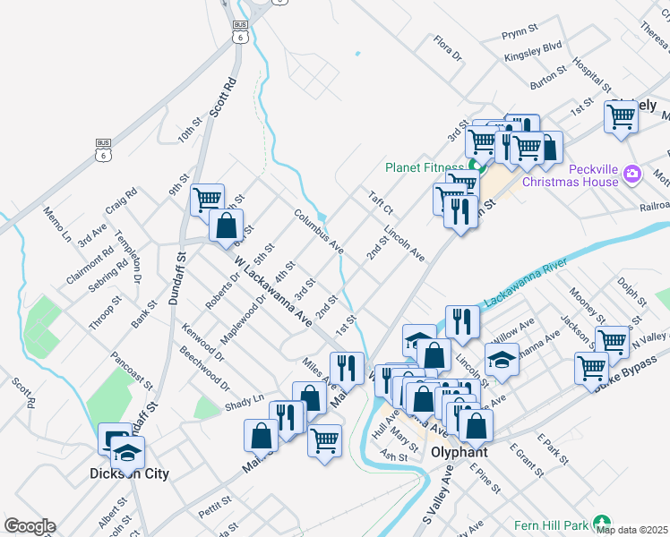 map of restaurants, bars, coffee shops, grocery stores, and more near 223 3rd Street in Olyphant