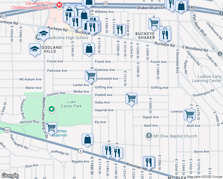 map of restaurants, bars, coffee shops, grocery stores, and more near 11906 Griffing Avenue in Cleveland