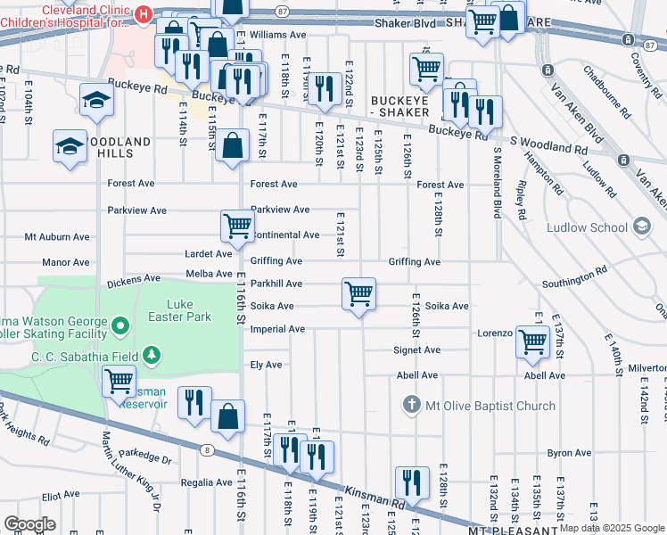 map of restaurants, bars, coffee shops, grocery stores, and more near 12022 Griffing Avenue in Cleveland