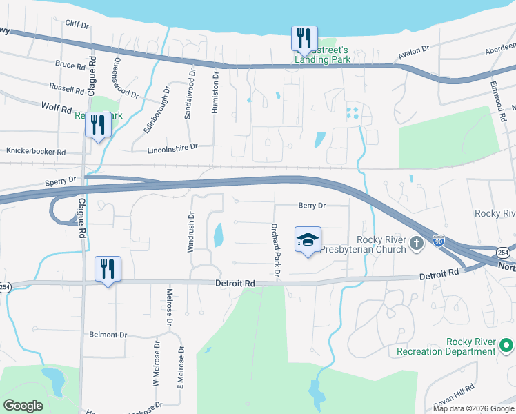 map of restaurants, bars, coffee shops, grocery stores, and more near 22557 Beechnut Lane in Rocky River