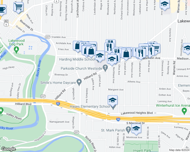 map of restaurants, bars, coffee shops, grocery stores, and more near 16801 Hilliard Road in Lakewood