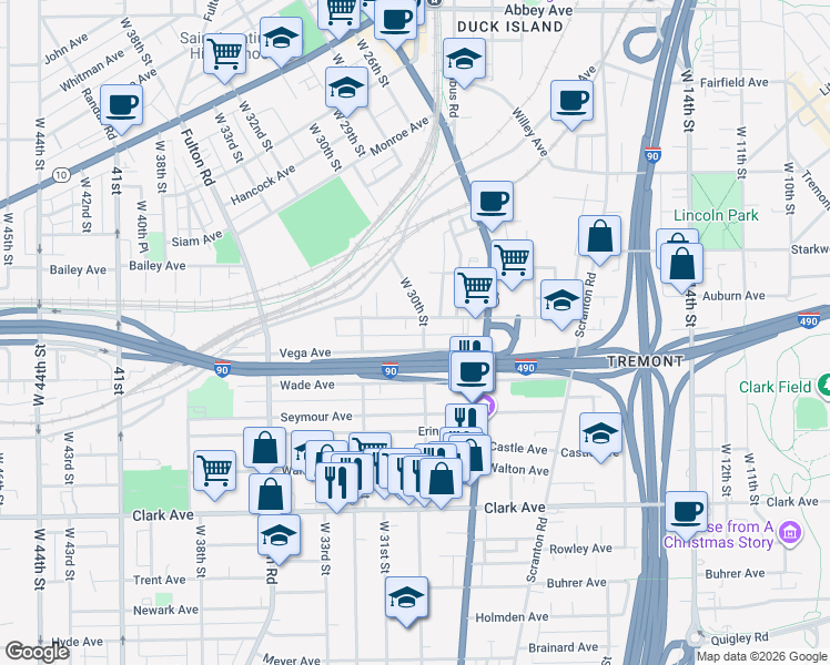 map of restaurants, bars, coffee shops, grocery stores, and more near 3007 Barber Court in Cleveland