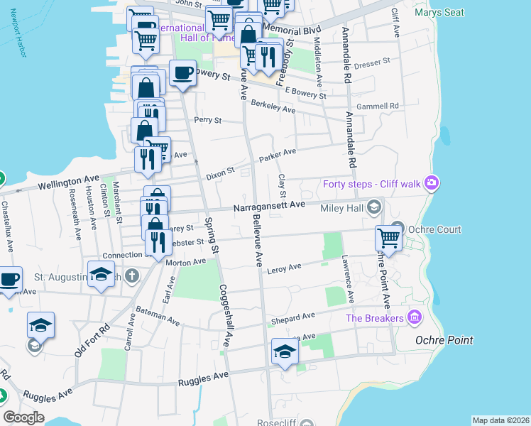 map of restaurants, bars, coffee shops, grocery stores, and more near 424 Bellevue Avenue in Newport
