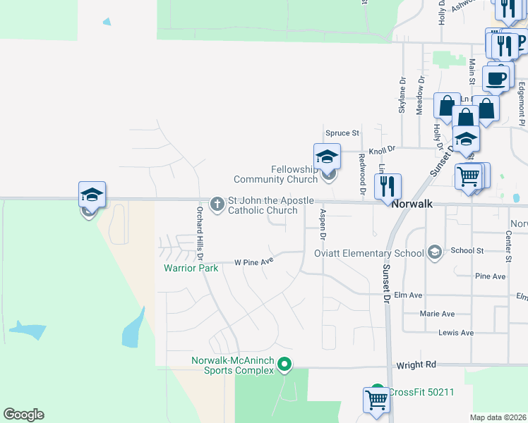 map of restaurants, bars, coffee shops, grocery stores, and more near 723 Aussie Drive in Norwalk