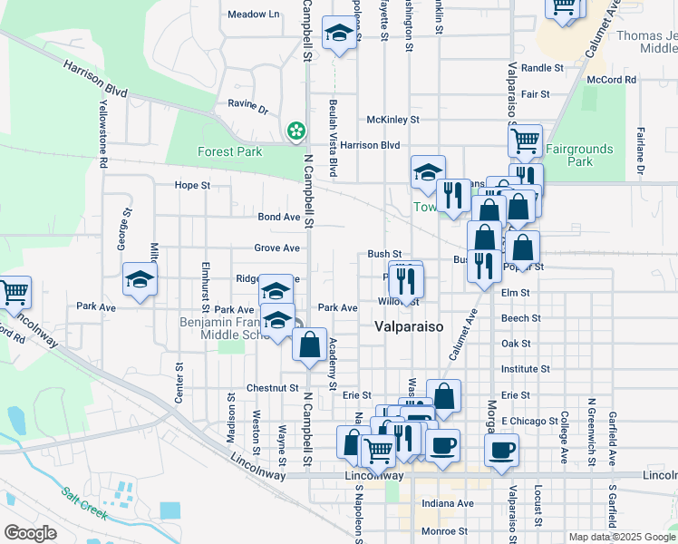 map of restaurants, bars, coffee shops, grocery stores, and more near 802 Academy Street in Valparaiso
