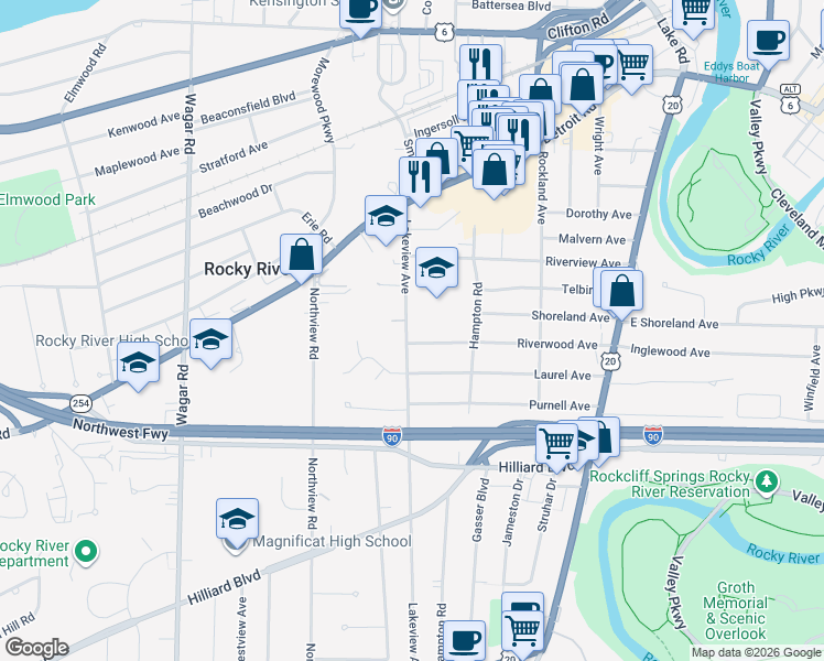 map of restaurants, bars, coffee shops, grocery stores, and more near 20019 Riverwood Avenue in Rocky River