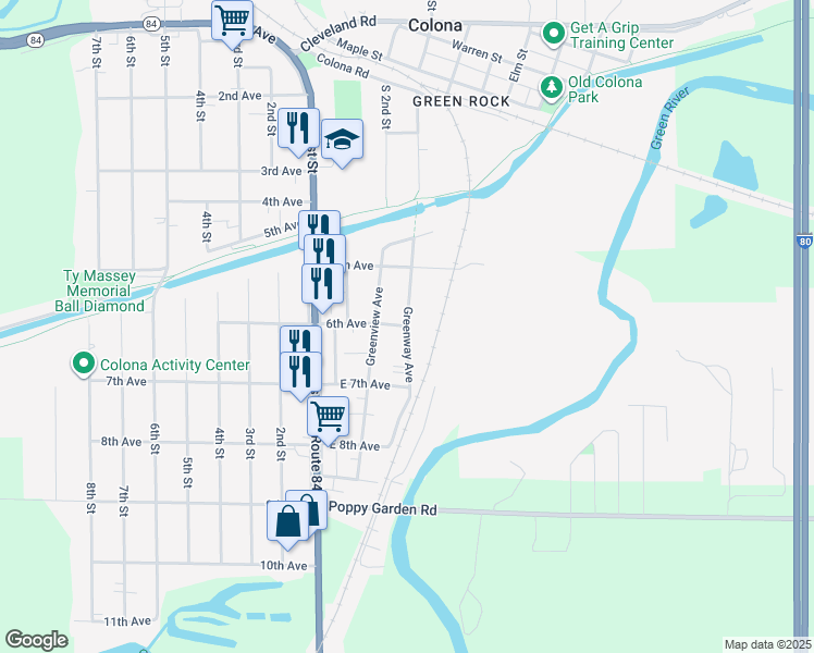 map of restaurants, bars, coffee shops, grocery stores, and more near 598 Greenway Ave in Colona