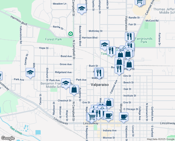 map of restaurants, bars, coffee shops, grocery stores, and more near 174 Pine Street in Valparaiso