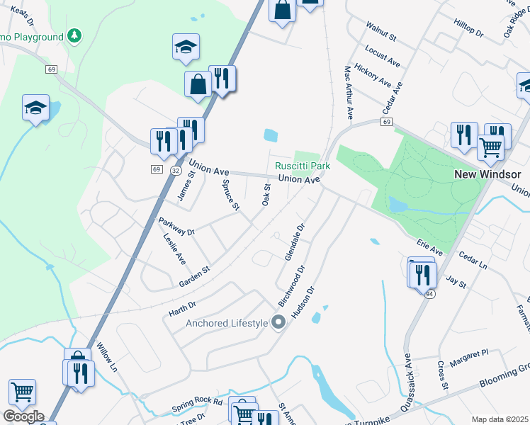 map of restaurants, bars, coffee shops, grocery stores, and more near 235 Oak Street in New Windsor