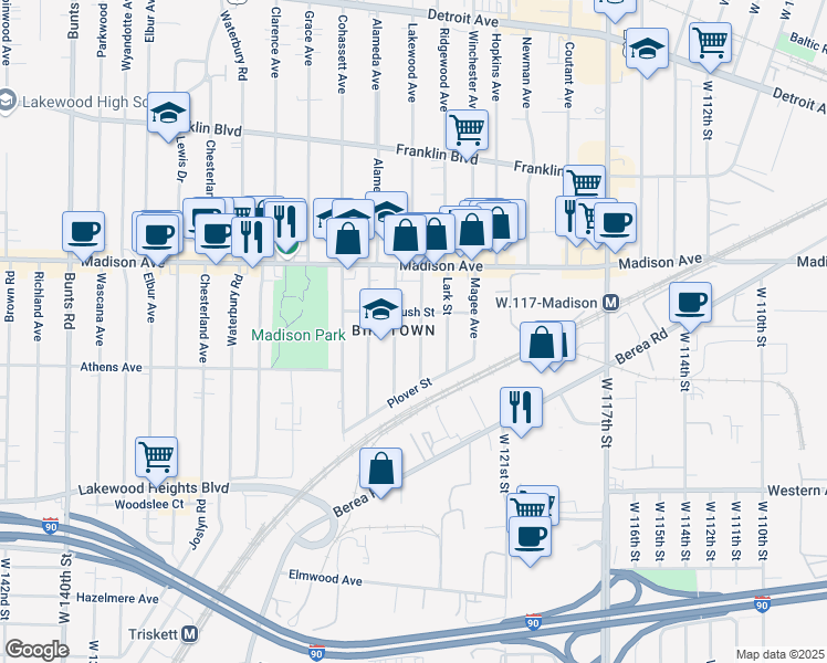 map of restaurants, bars, coffee shops, grocery stores, and more near in Lakewood