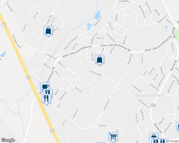 map of restaurants, bars, coffee shops, grocery stores, and more near 65 Fortune Road West in Scotchtown