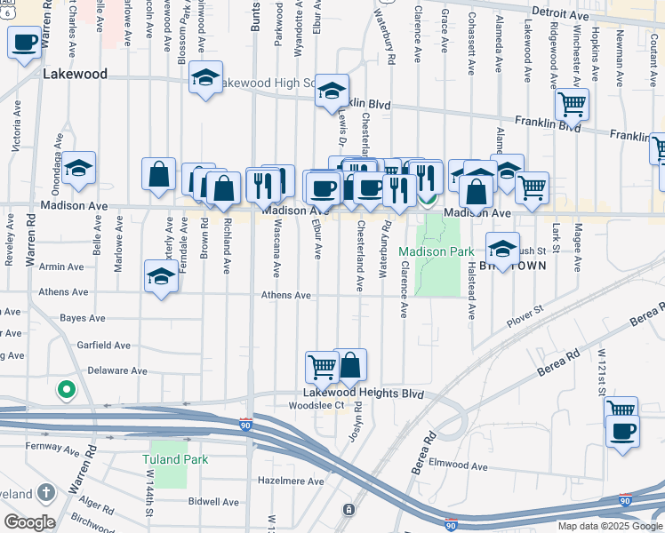 map of restaurants, bars, coffee shops, grocery stores, and more near 2070 Lewis Drive in Lakewood