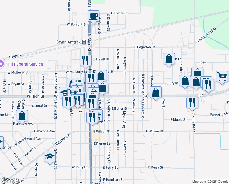 map of restaurants, bars, coffee shops, grocery stores, and more near 321 East High Street in Bryan