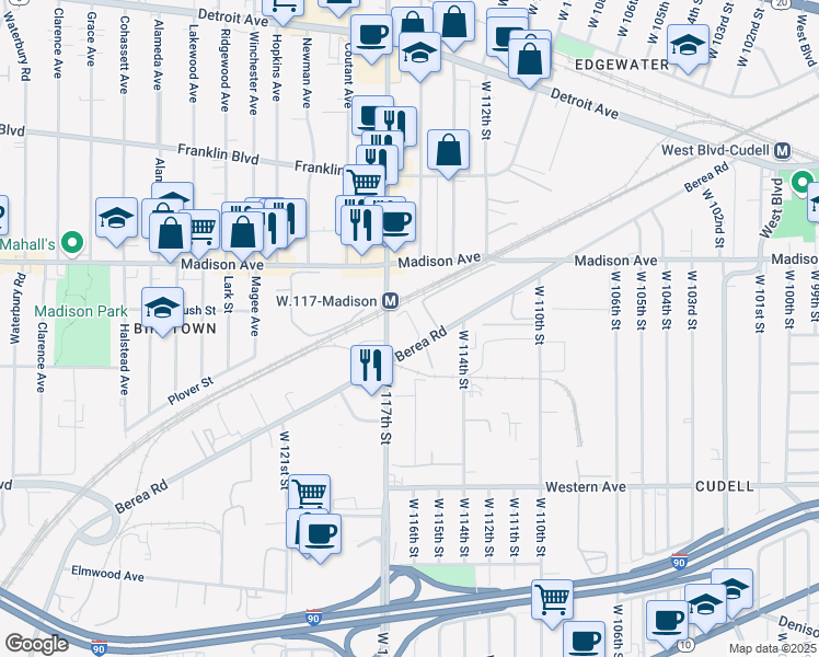 map of restaurants, bars, coffee shops, grocery stores, and more near 11600 Berea Road in Cleveland
