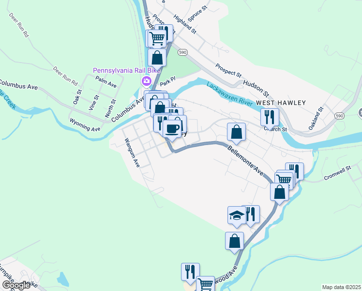 map of restaurants, bars, coffee shops, grocery stores, and more near 519 Spring St in Hawley