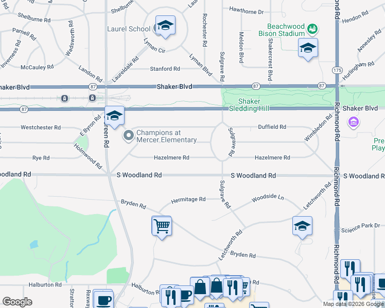map of restaurants, bars, coffee shops, grocery stores, and more near 24001 Hazelmere Road in Shaker Heights