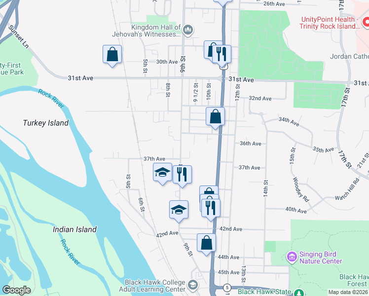 map of restaurants, bars, coffee shops, grocery stores, and more near 3601 9th Street in Rock Island