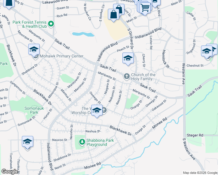 map of restaurants, bars, coffee shops, grocery stores, and more near 323 Niagara Street in Park Forest