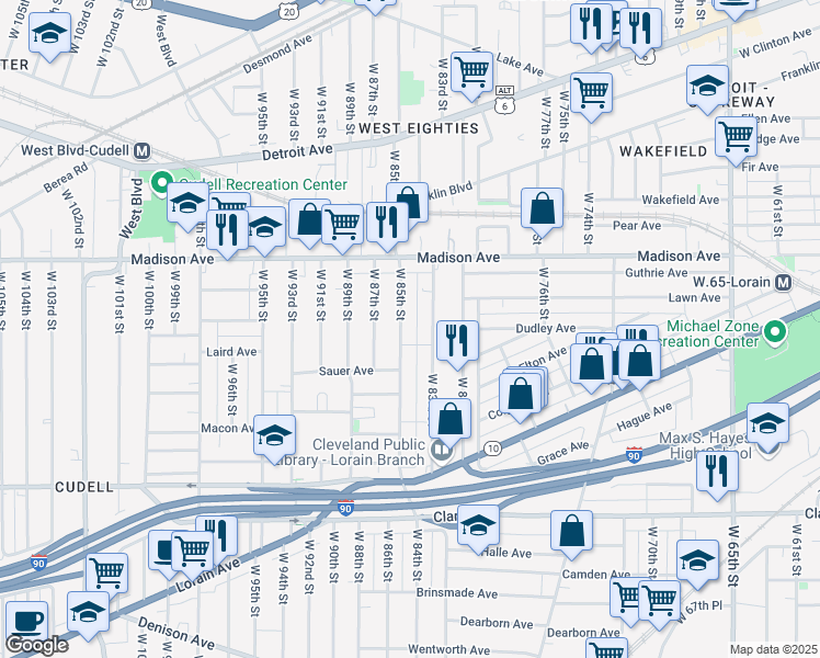 map of restaurants, bars, coffee shops, grocery stores, and more near 2071 West 85th Street in Cleveland