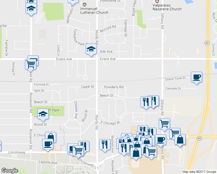 map of restaurants, bars, coffee shops, grocery stores, and more near 2108 Powderly Rd in Valparaiso