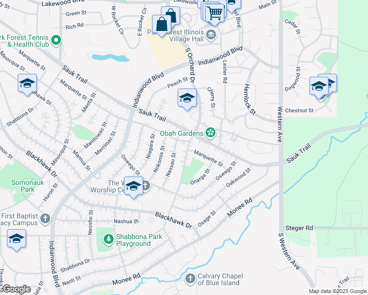 map of restaurants, bars, coffee shops, grocery stores, and more near 310 South Orchard Drive in Park Forest