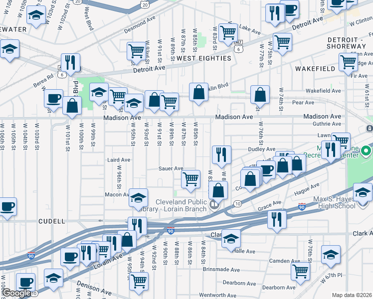 map of restaurants, bars, coffee shops, grocery stores, and more near 2071 West 87th Street in Cleveland