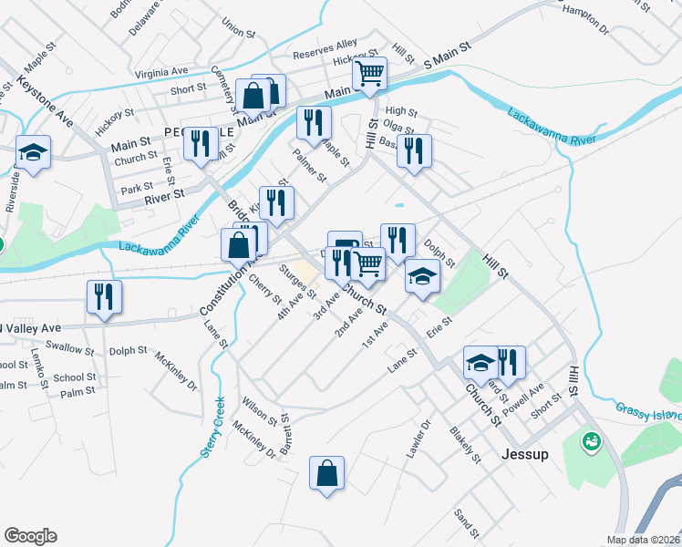 map of restaurants, bars, coffee shops, grocery stores, and more near 304 Church Street in Jessup