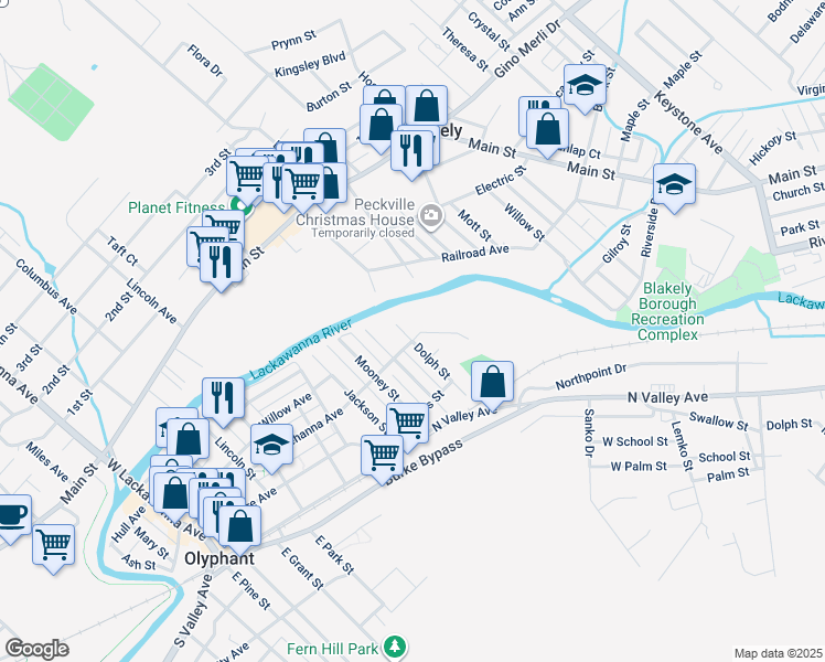 map of restaurants, bars, coffee shops, grocery stores, and more near 818 Susquehanna Ave in Olyphant