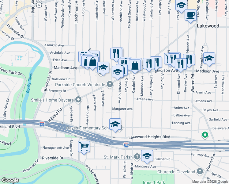 map of restaurants, bars, coffee shops, grocery stores, and more near 2135 Woodward Avenue in Lakewood