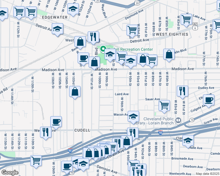 map of restaurants, bars, coffee shops, grocery stores, and more near 9810 Marietta Ave in Cleveland