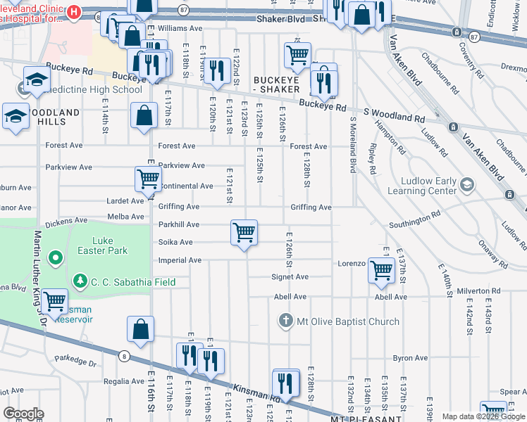 map of restaurants, bars, coffee shops, grocery stores, and more near 12520 Griffing Avenue in Cleveland