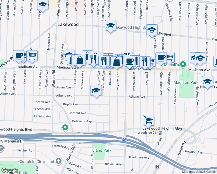 map of restaurants, bars, coffee shops, grocery stores, and more near 2070 Brown Road in Lakewood
